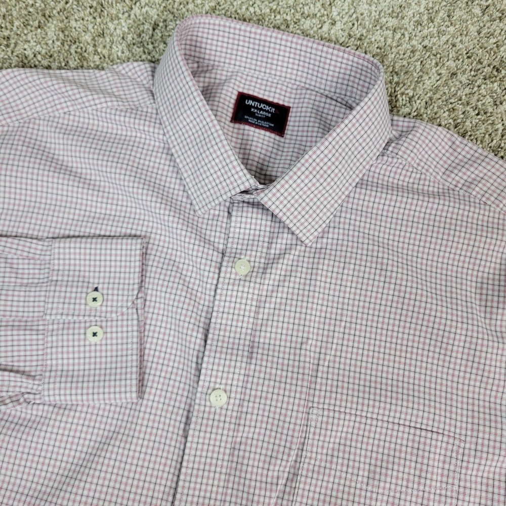 Untuckit Slim Fit Mens 2XL Red White Check Performance Stretch Button Up LS
